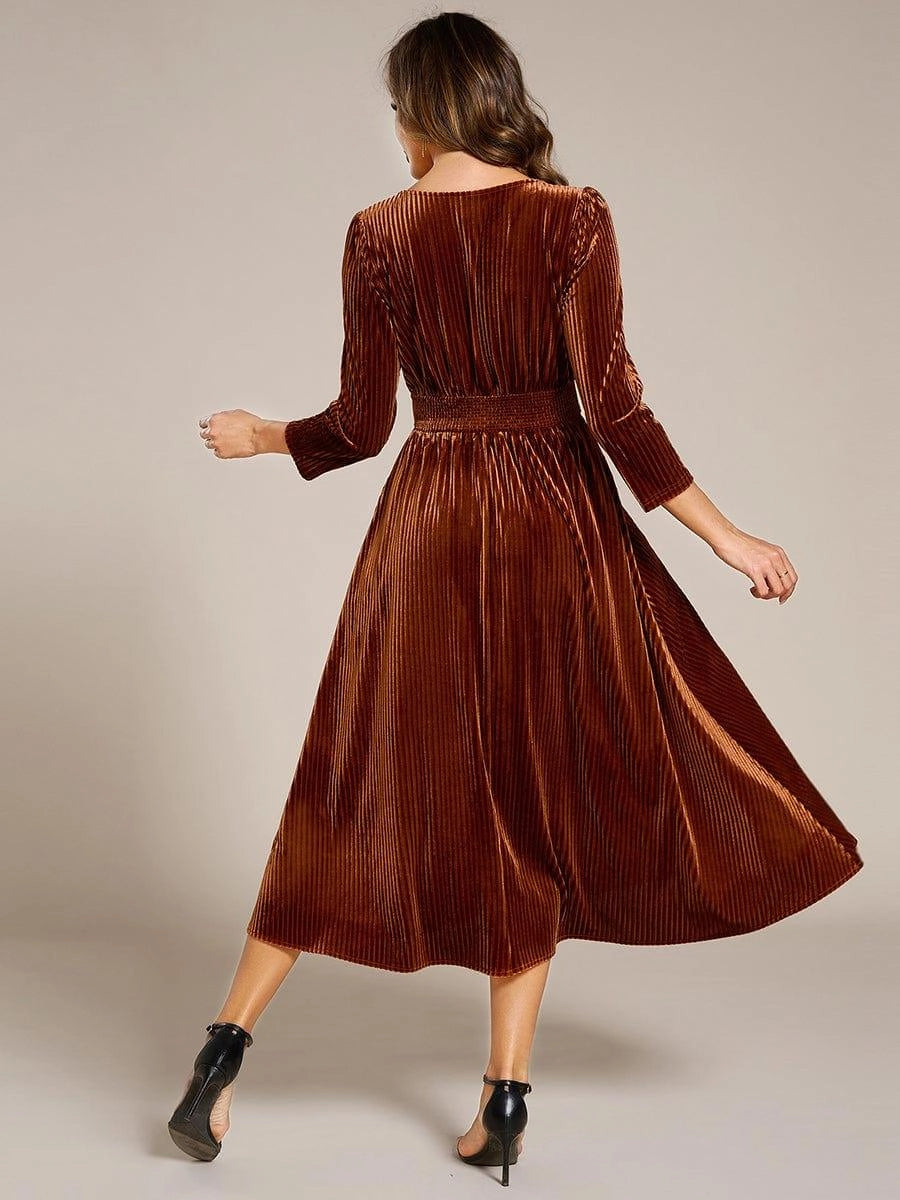 Black A‑Line V‑Neck 3/4‑Sleeve Solid‑Back Midi Mother Of The Bride Dress