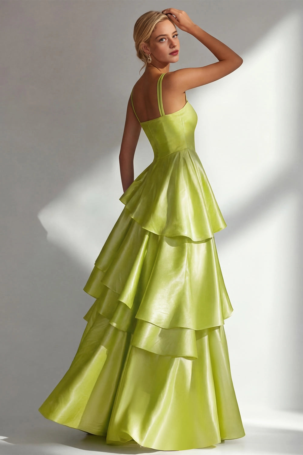 Shiny A Line Square Neck Straps Open Back Tiered Maxi Wedding Guest Dress