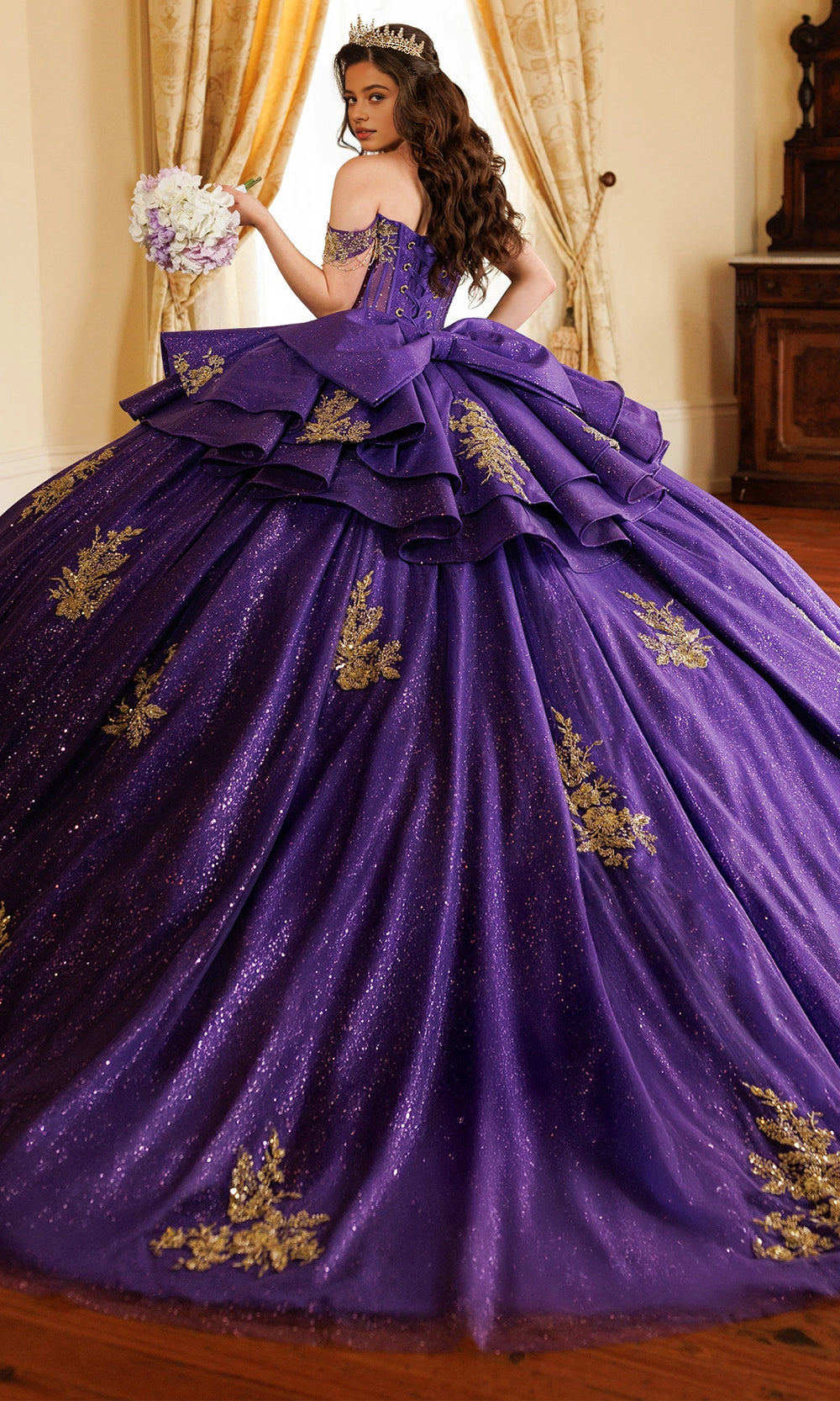 Ball Gown Off‑Shoulder Sweetheart Corset Back Layered Long Train Quinceanera Dress