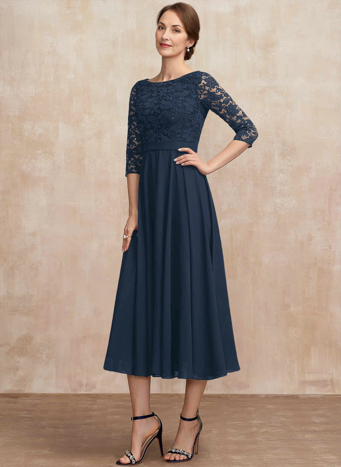 Modest A‑Line Bateau‑Neck Elbow‑Sleeve Zip‑Back Midi Mother Of The Bride Dress