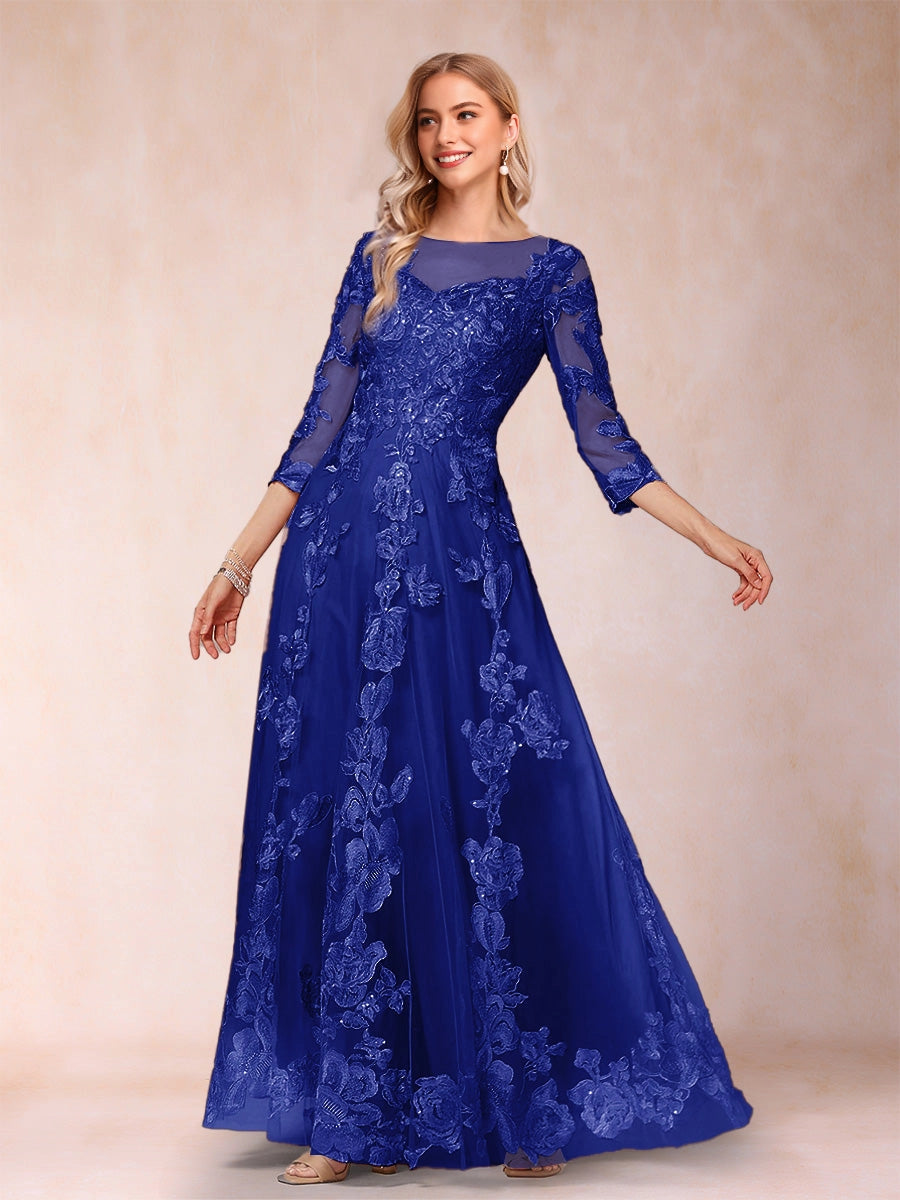Romantic A‑Line Illusion Round‑Neck 3/4‑Sleeve Keyhole‑Zip‑Back Floor‑Length Mother Of The Bride Dress