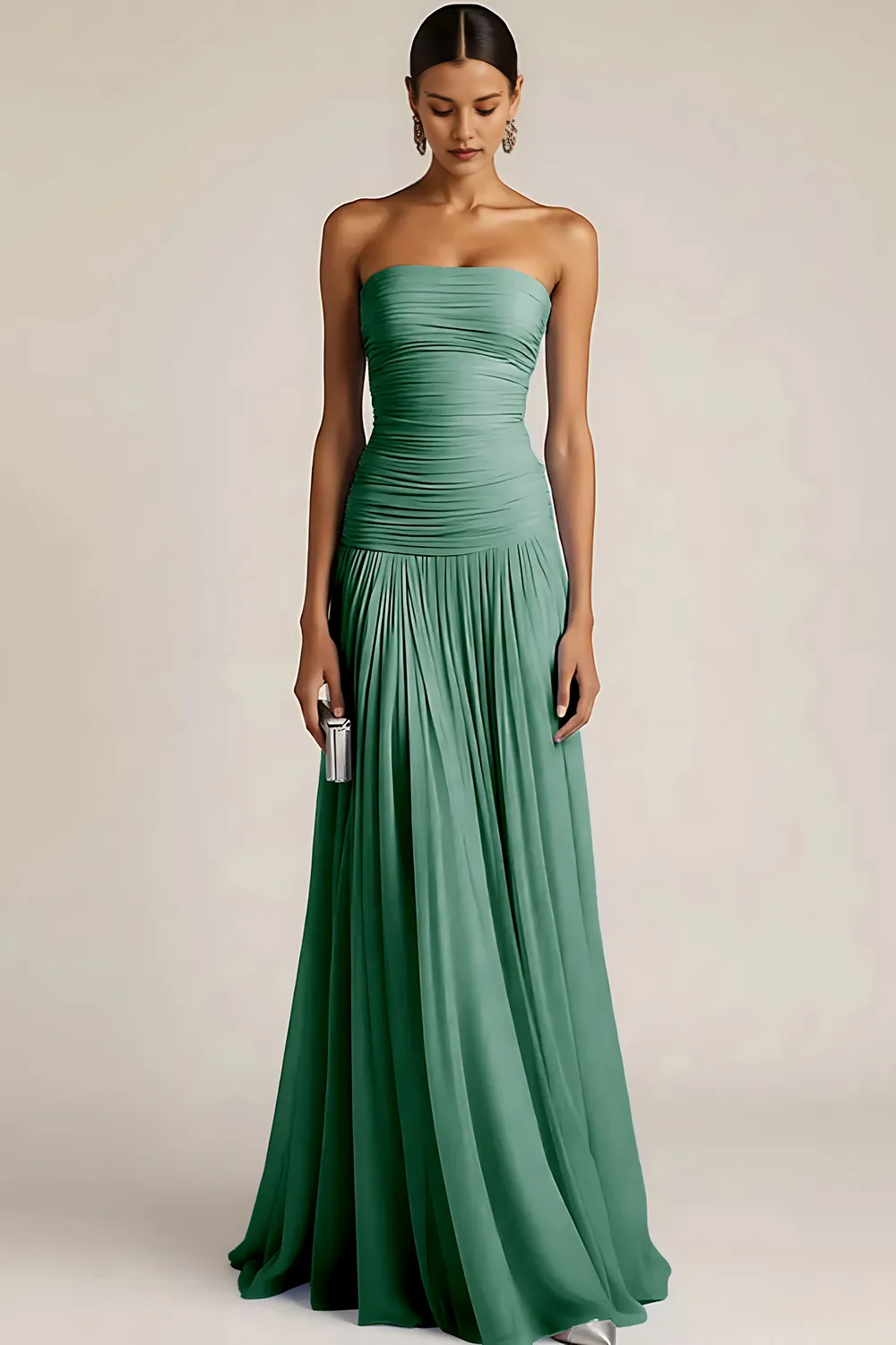 Strapless Ruched Bodice Chiffon A-Line Maxi Dress