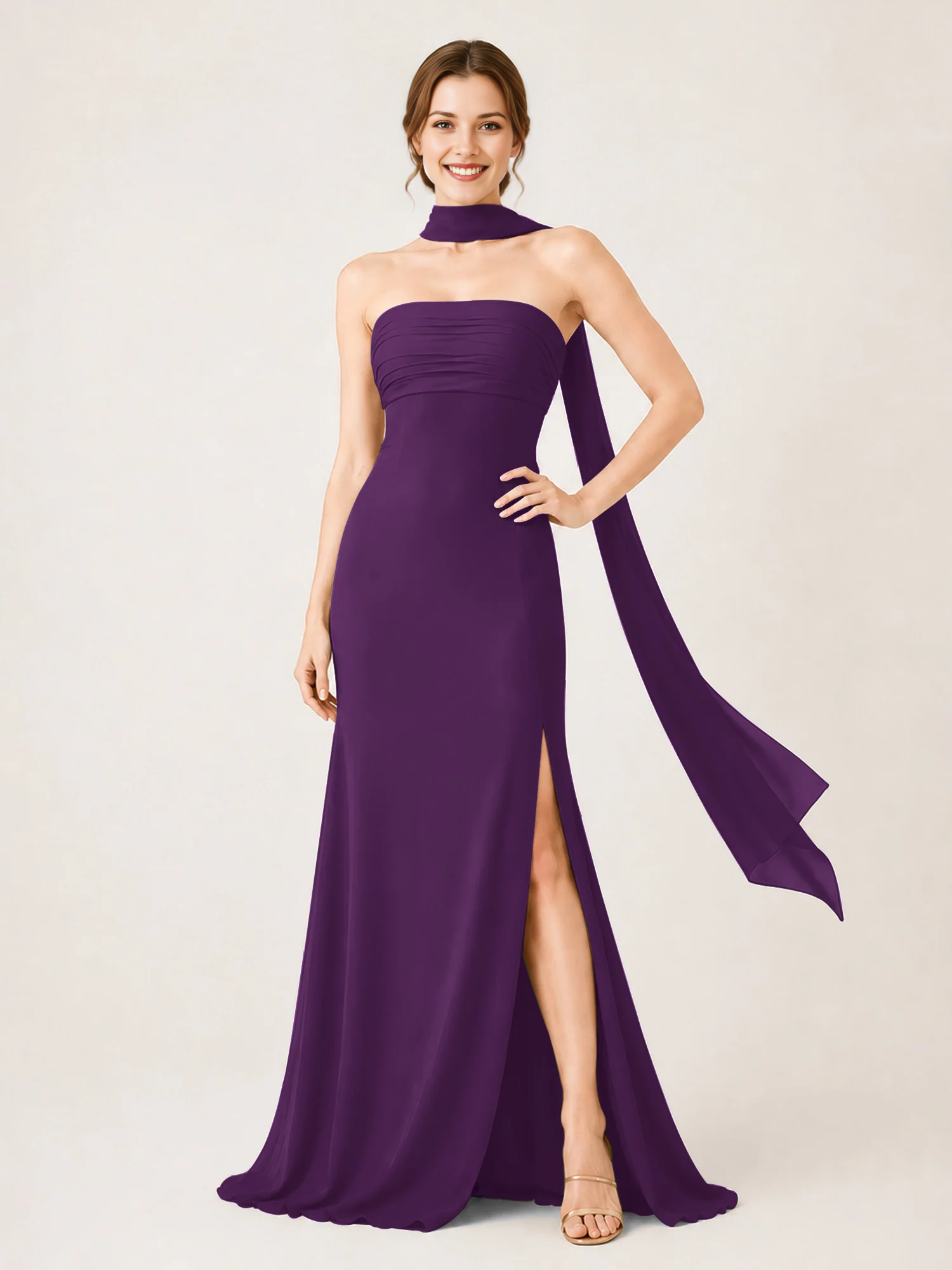 Strapless Ruched Chiffon Mermaid Bridesmaid Dress with Choker Scarf & High Slit