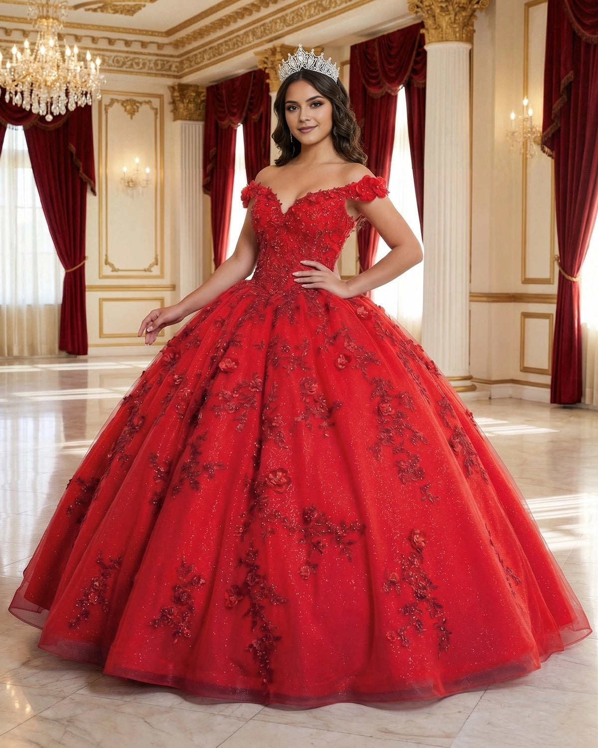Ballgown Off-shoulder V-neck Short Sleeve Lace-up Back Floor Length Quinceañera Dress