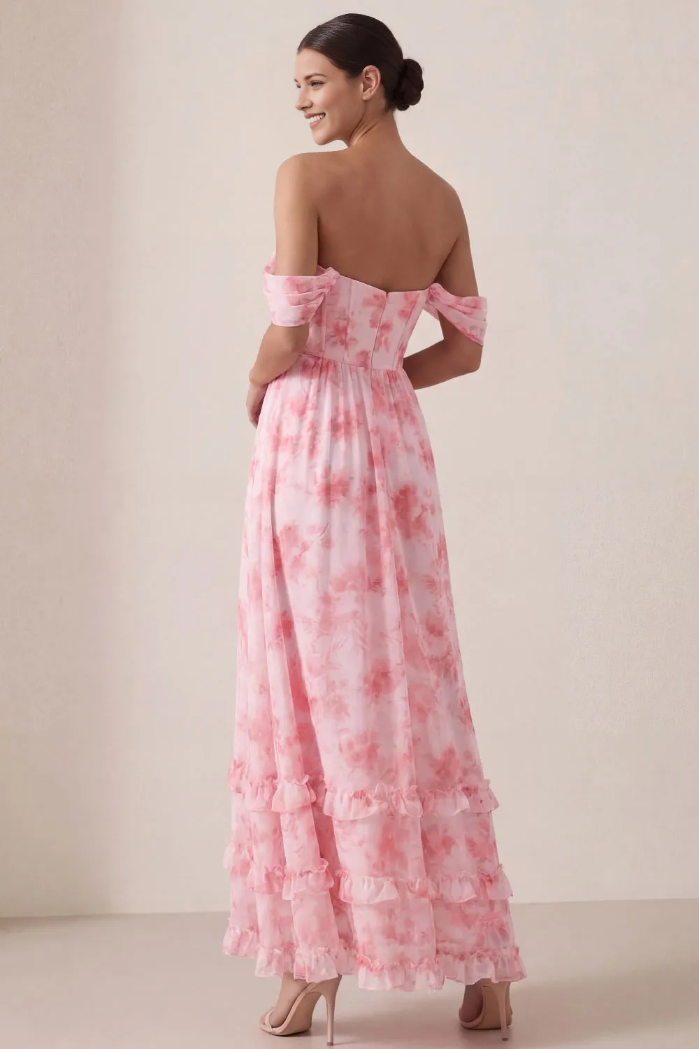 Pink Floral Off-the-Shoulder Corset Chiffon Maxi Dress with Slit & Ruffle Hem