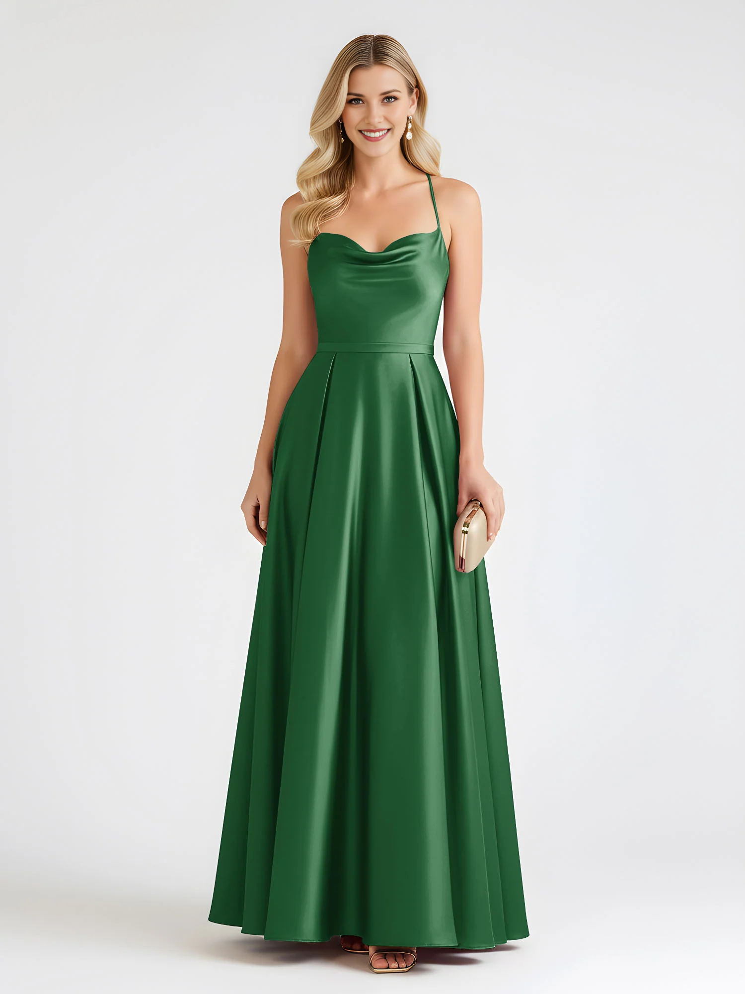 Spaghetti Strap Cowl Neck Satin A-Line Floor-Length Bridesmaid Dress with Crisscross Back