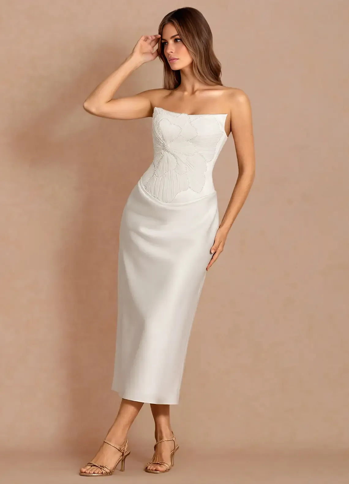 Luxury Sheath Strapless Sleeveless Satin Midi Cocktail Dress Lace-up Back Wedding Dress