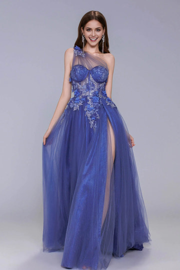A-line prom gown with one-shoulder tulle neckline, floral appliqué bodice