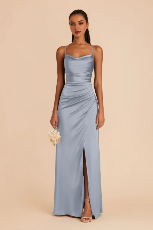 Elegant Satin Cowl Neck Bridesmaid Maxi Dress with Side Slit - Spaghetti Strap Formal Evening Gown for Wedding Guest
