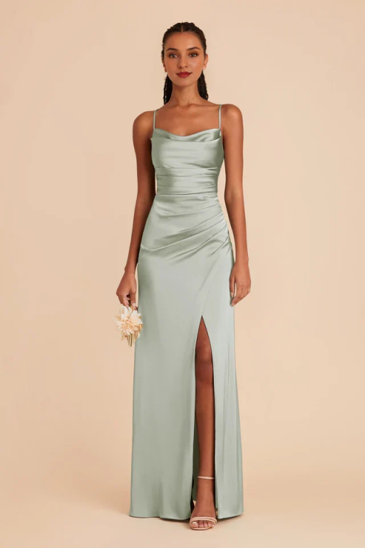 Elegant Satin Cowl Neck Bridesmaid Maxi Dress with Side Slit - Spaghetti Strap Formal Evening Gown for Wedding Guest