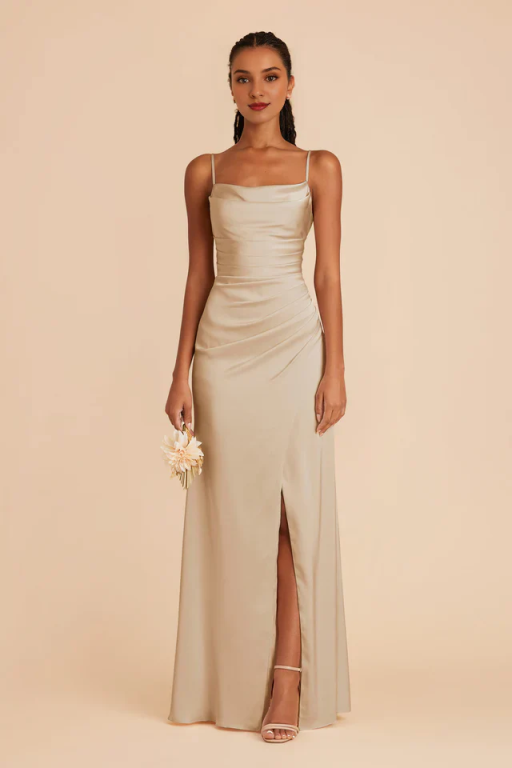 Elegant Satin Cowl Neck Bridesmaid Maxi Dress with Side Slit - Spaghetti Strap Formal Evening Gown for Wedding Guest