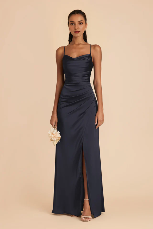 Elegant Satin Cowl Neck Bridesmaid Maxi Dress with Side Slit - Spaghetti Strap Formal Evening Gown for Wedding Guest