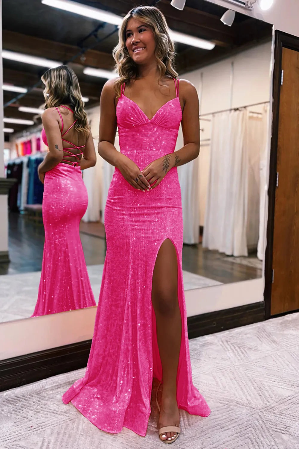 Sheath Plunging V Neck Spaghetti Strap Sequin Lace-Up High Slit Prom Special Occasion Formal Gown