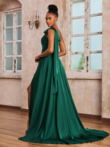 Emerald Green Satin One-Shoulder Formal Gown Draped Bow Waist High Slit Maxi Dress with Sweep Train for Prom and Wedding Events