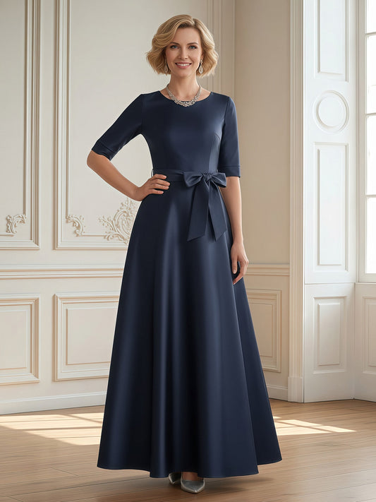 Navy Blue Satin A-Line Maxi Dress with Bow Belt – Formal Mother of the Bride Gown
