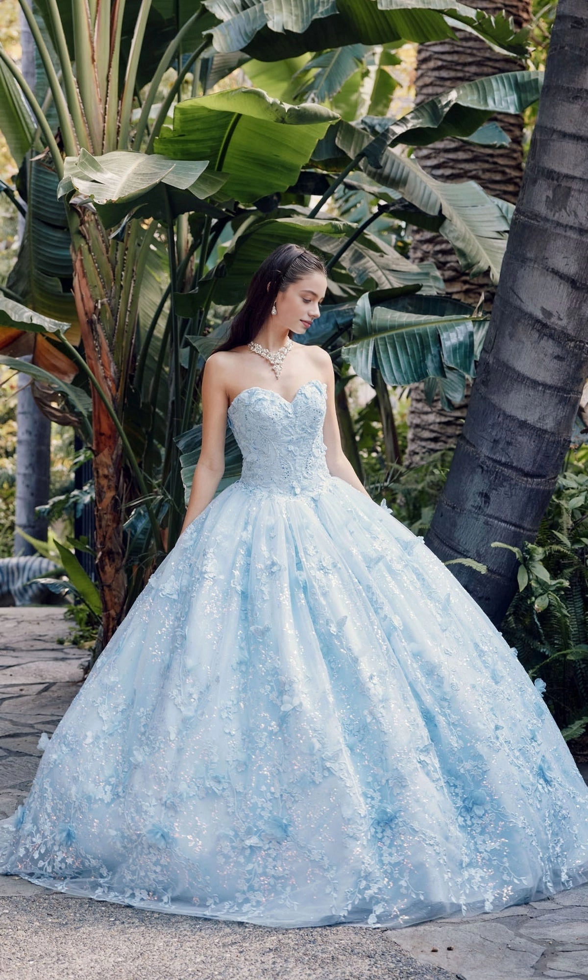 Ethereal Ball Gown Sweetheart Strapless Illusion Back Cathedral Train Quinceanera Dress