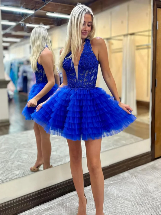 A-Line Princess V Neck Ruffle Lace Short Prom Dresses Formal Graduation Homecoming Evening Dresses