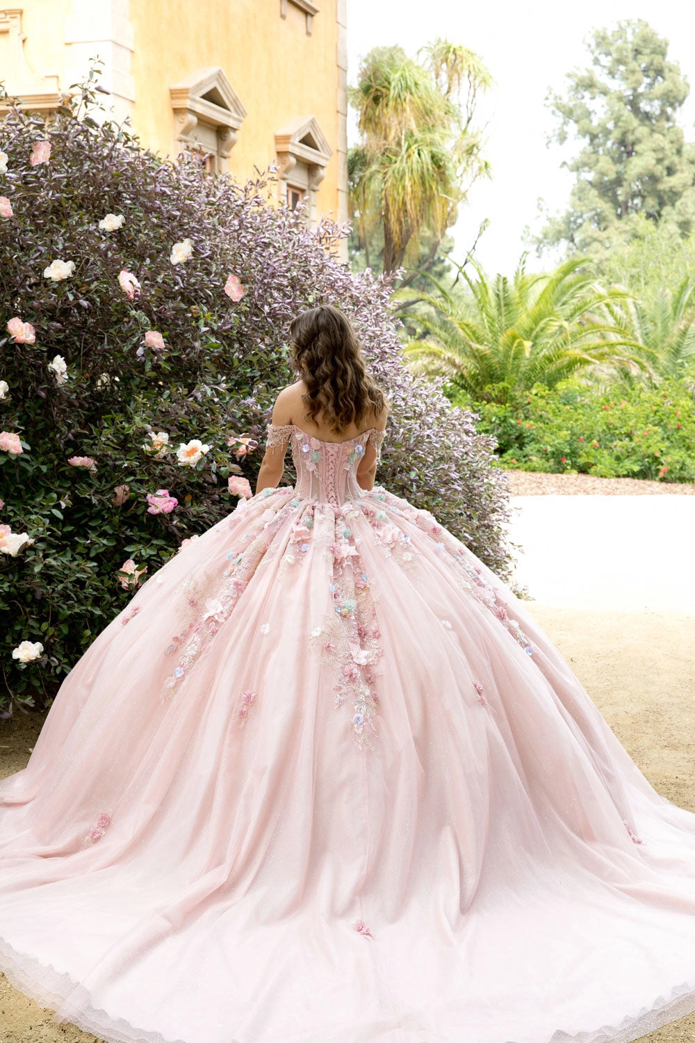Vedress blush pink quinceanera ball gown corset back chapel train 3D flower appliques off‑shoulder lace sleeves back view