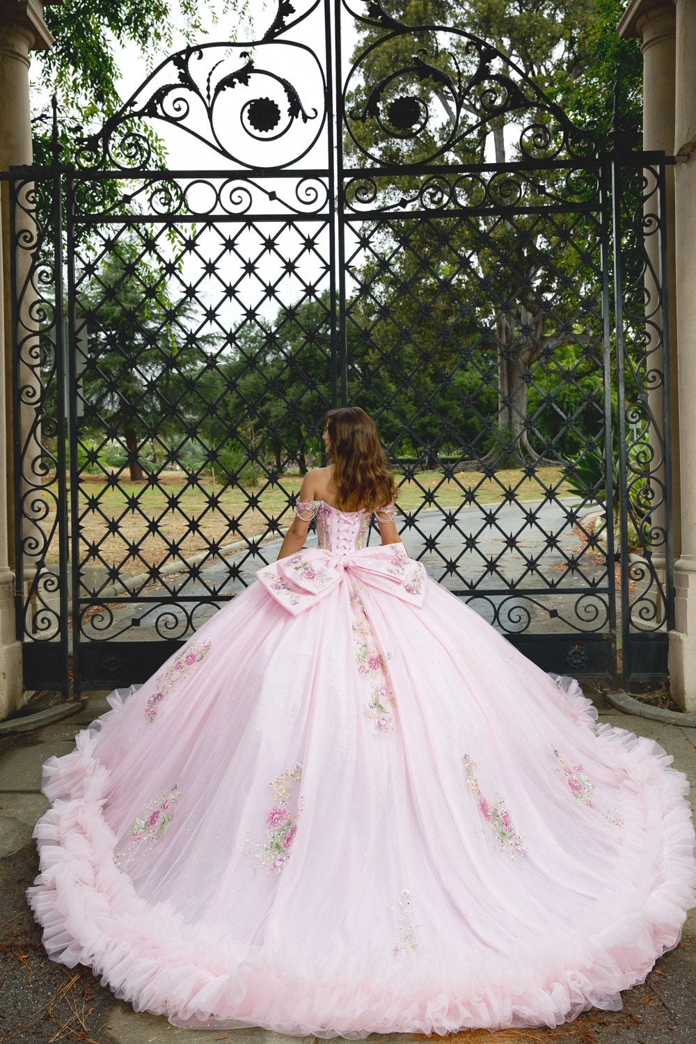 Vedress light pink quinceanera dress lace‑up corset back big satin bow court‑train floral ballgown back view