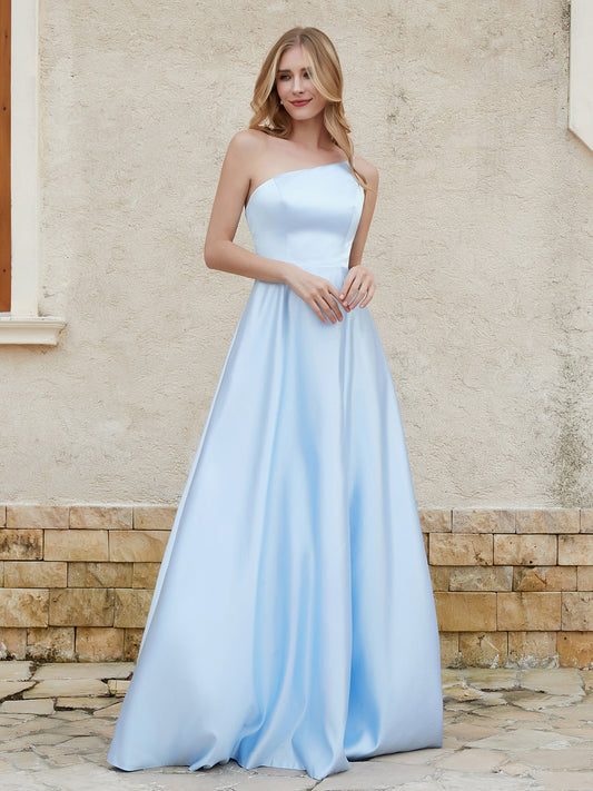 Evening Dresses Sky Blue One-Shoulder Satin A-Line Formal Evening Gown Prom Dress