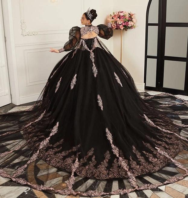 Ball Gown Puff Sleeve Corset Back Cape Train Quinceañera Dress