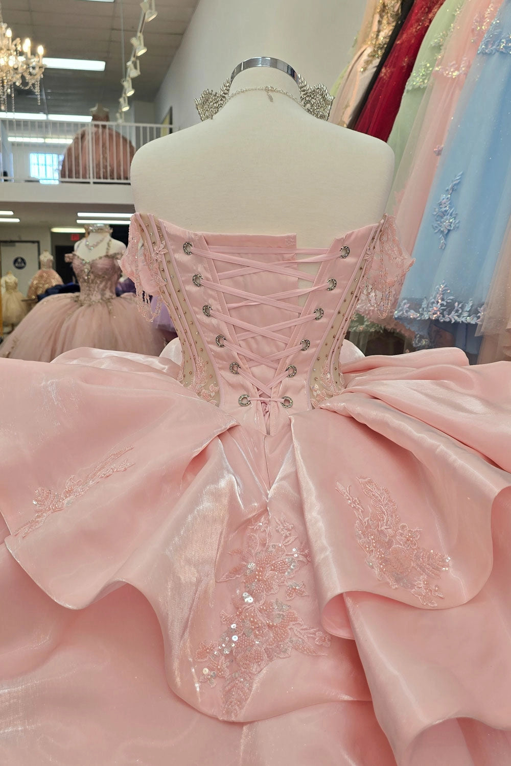 Glamorous Ball Gown Sweetheart Off‑Shoulder Corset Back Chapel Train Quinceanera Dress