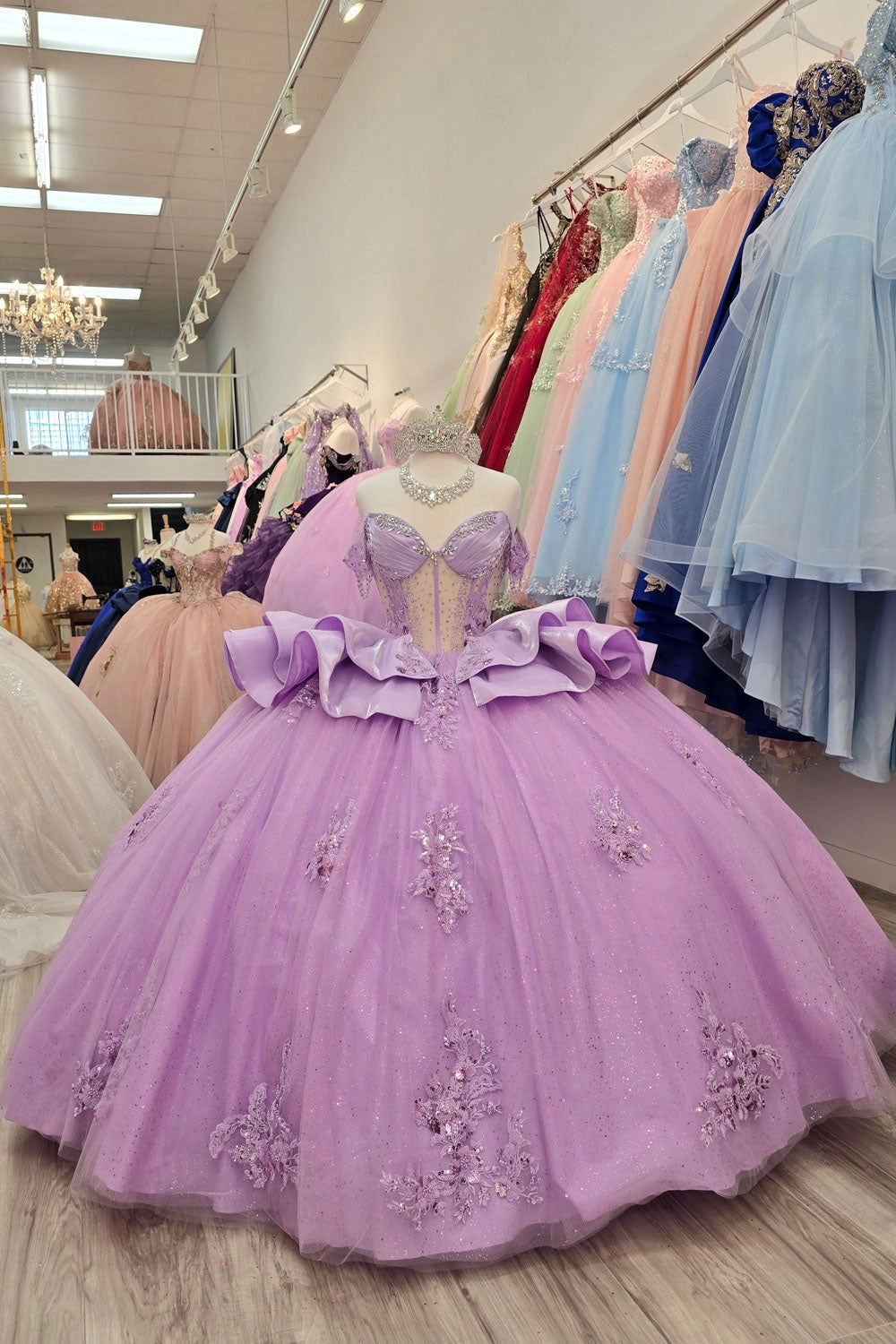 Glamorous Ball Gown Sweetheart Off‑Shoulder Corset Back Chapel Train Quinceanera Dress