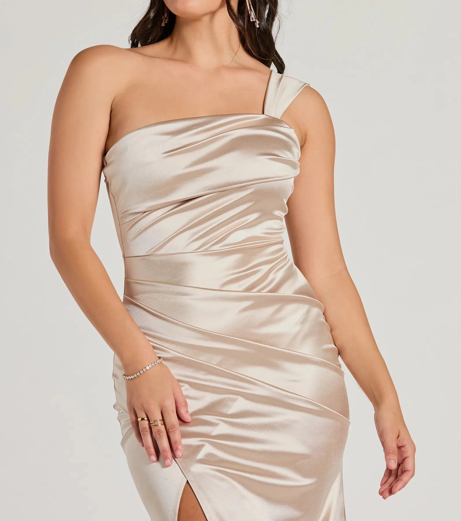 Champagne Mermaid One Shoulder Plain Back Slit Long Prom Dress
