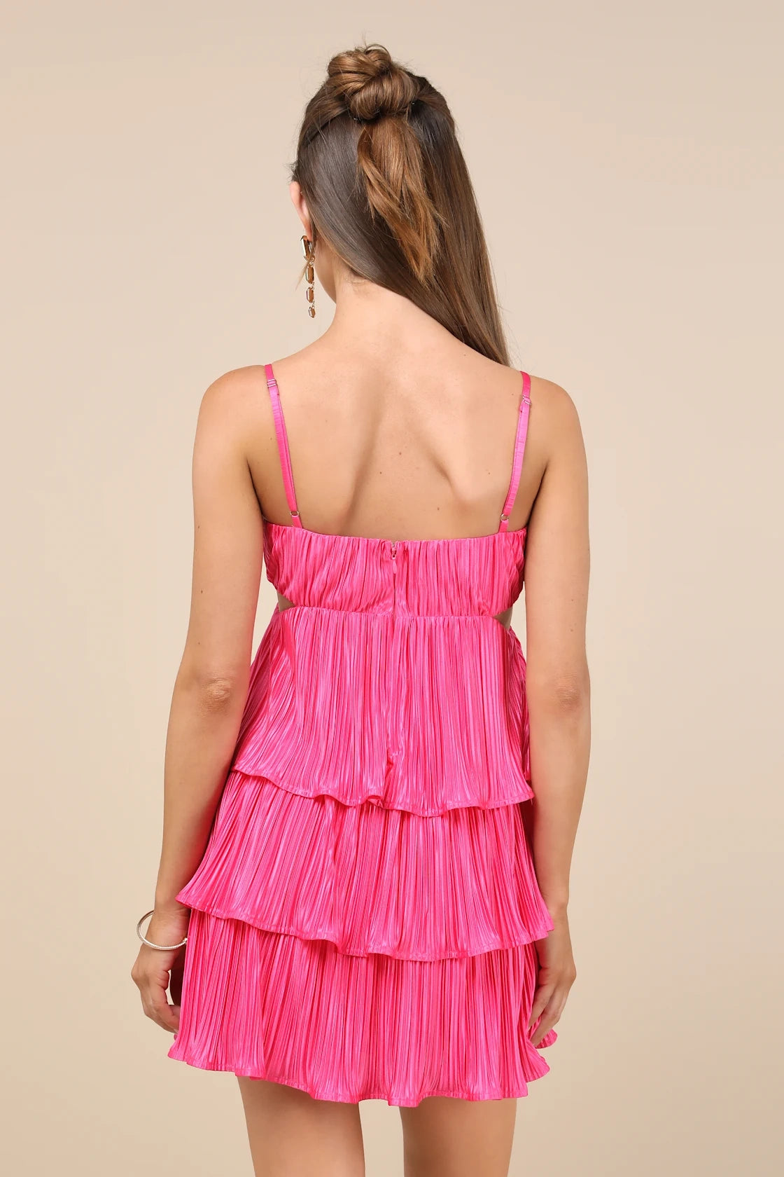 Shiny Tiered V Neck Spaghetti Strap Cutout Back Mini Homecoming Dress