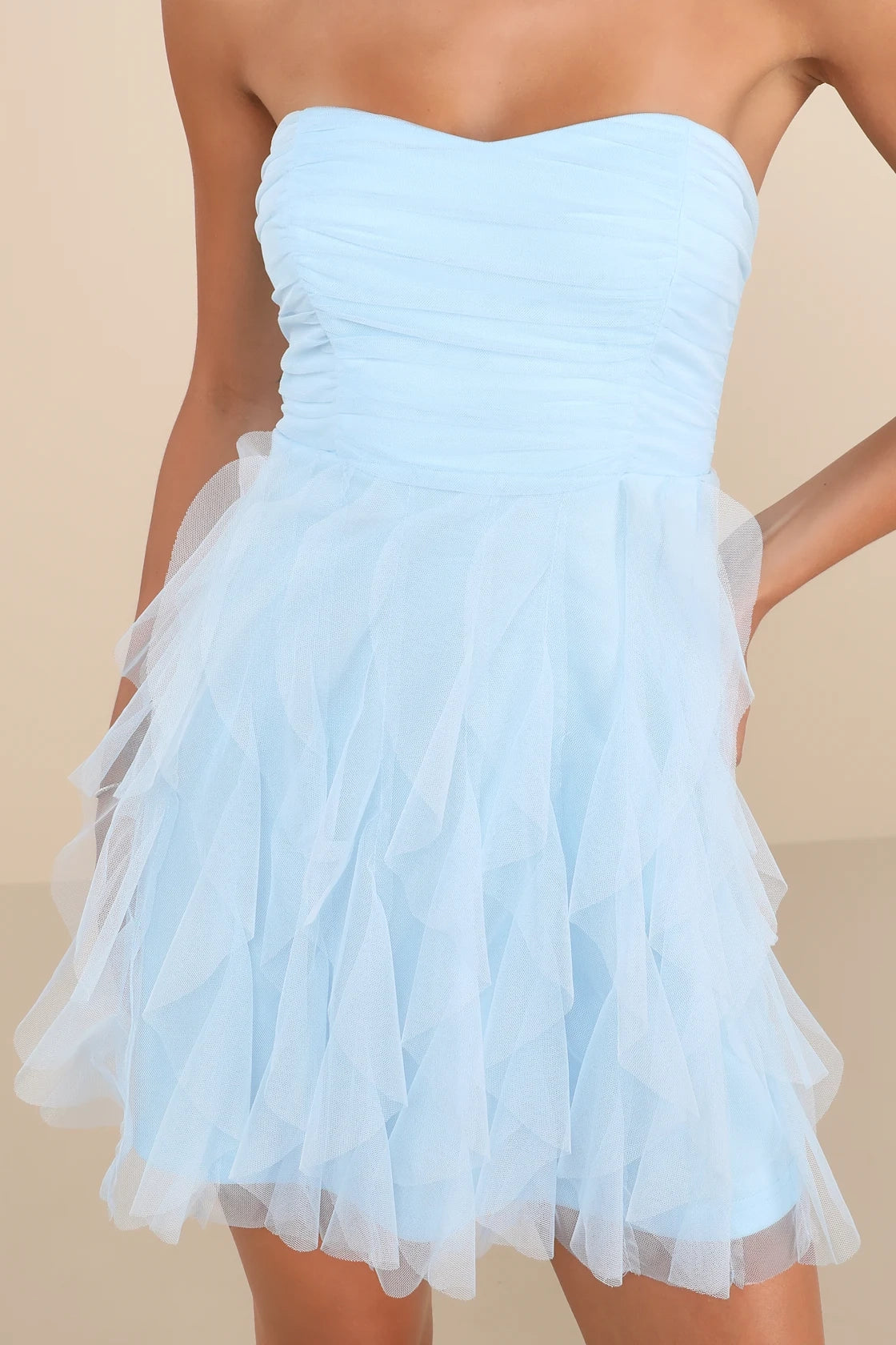 Purple Ruffle Tulle A Line Strapless Zip Back Mini Homecoming Dress