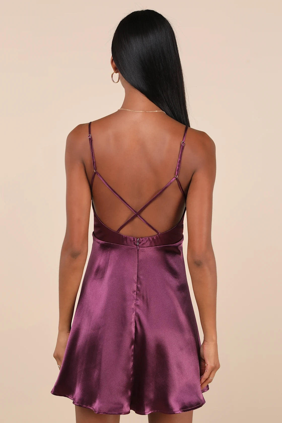 Glossy A Line V Neck Spaghetti Strap Criss Cross Back Mini Homecoming Dress