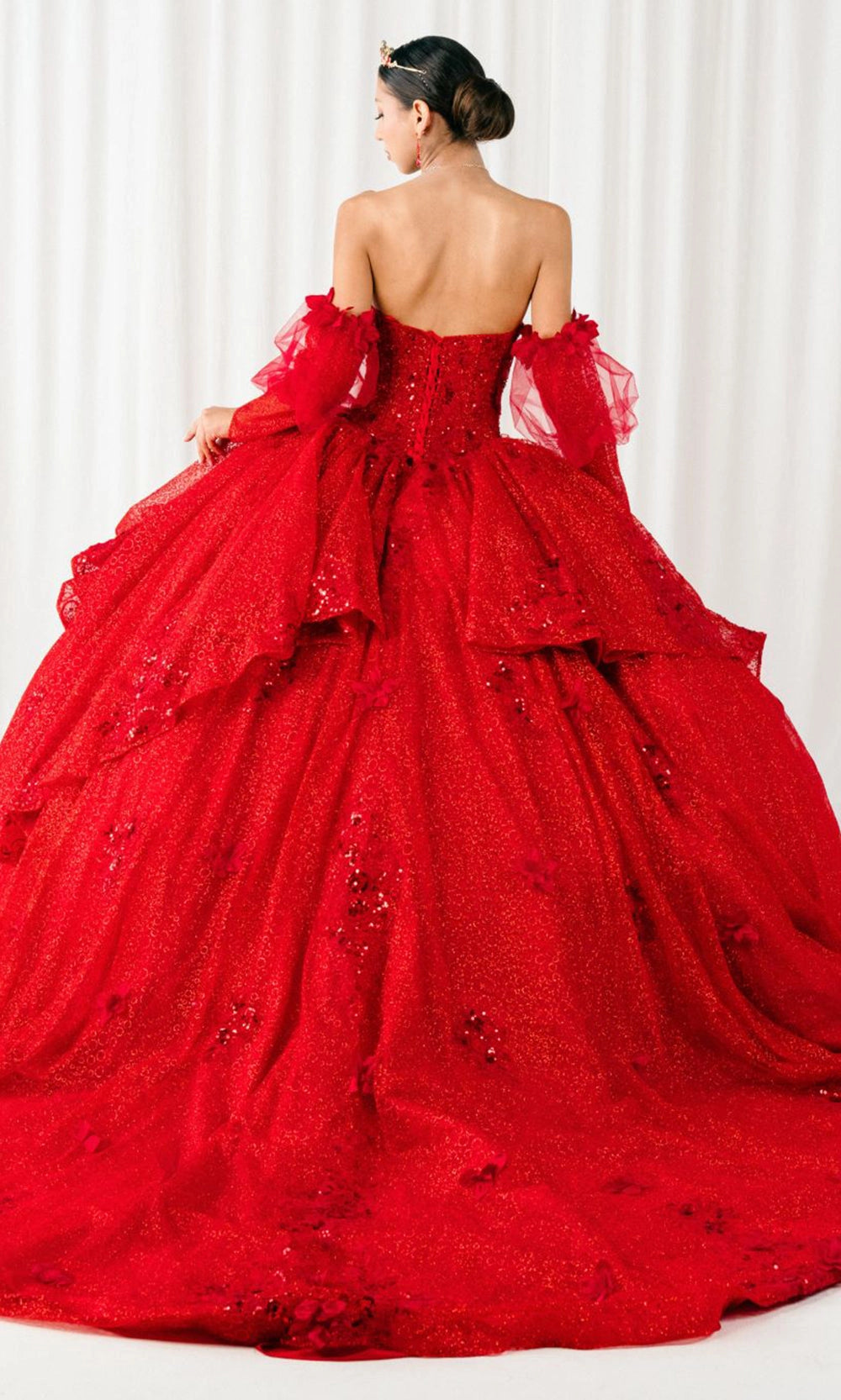 Dusty Pink Ball Gown Strapless Off‑Shoulder Puff Long Sleeves 3D Floral Big Bow Long Train Quinceanera Dress