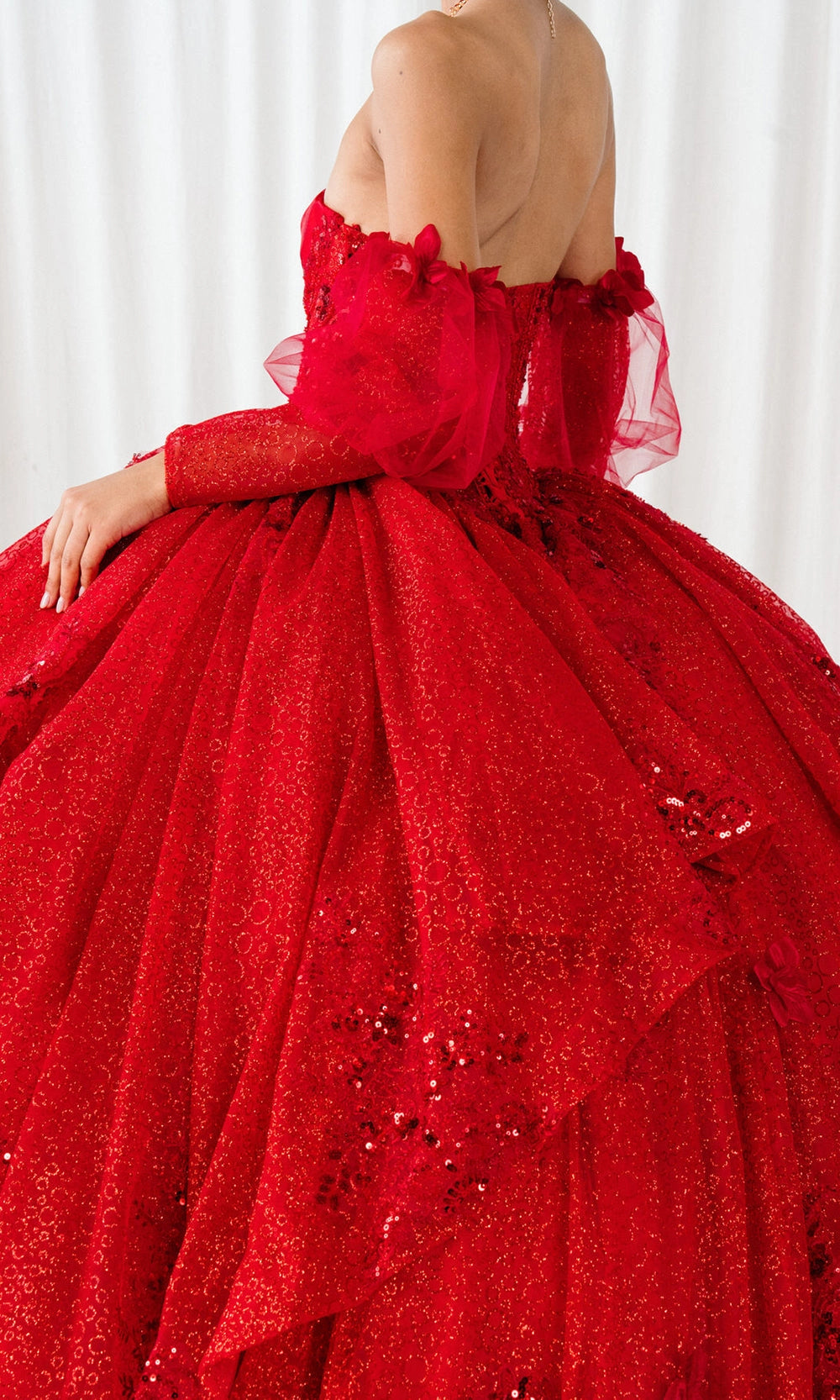Dusty Pink Ball Gown Strapless Off‑Shoulder Puff Long Sleeves 3D Floral Big Bow Long Train Quinceanera Dress