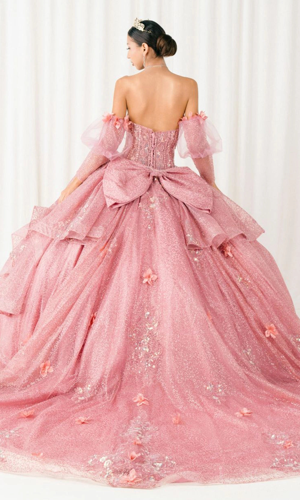 Vedress dusty pink quinceanera dress corset back oversized satin bow long train 3d flower sequin embroidery back view