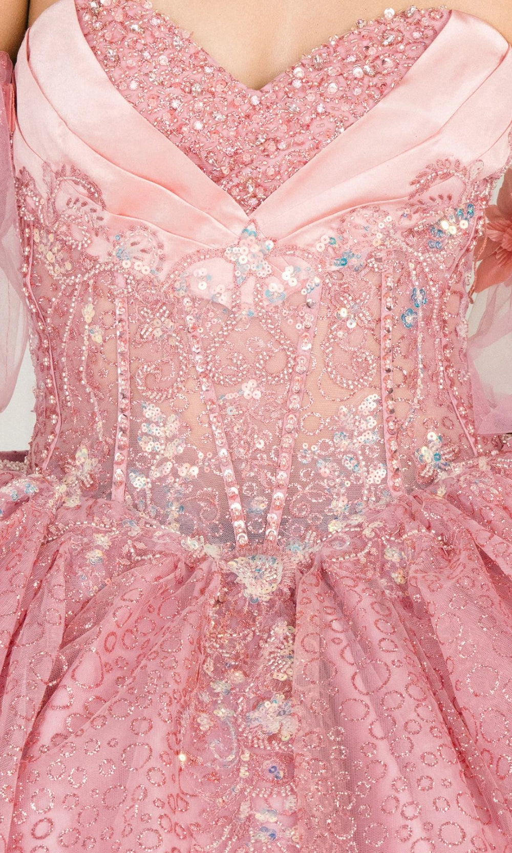 Dusty Pink Ball Gown Strapless Off‑Shoulder Puff Long Sleeves 3D Floral Big Bow Long Train Quinceanera Dress