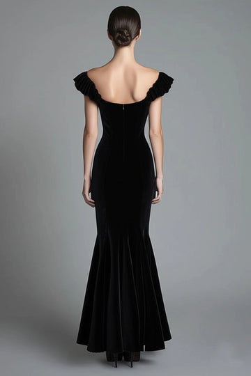 Vedress dark formal dress off shoulder plain open back velvet high low long prom dress rear view