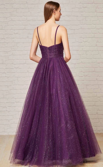 Back view of purple glitter floor-length prom dress with ruched bodice and spaghetti straps