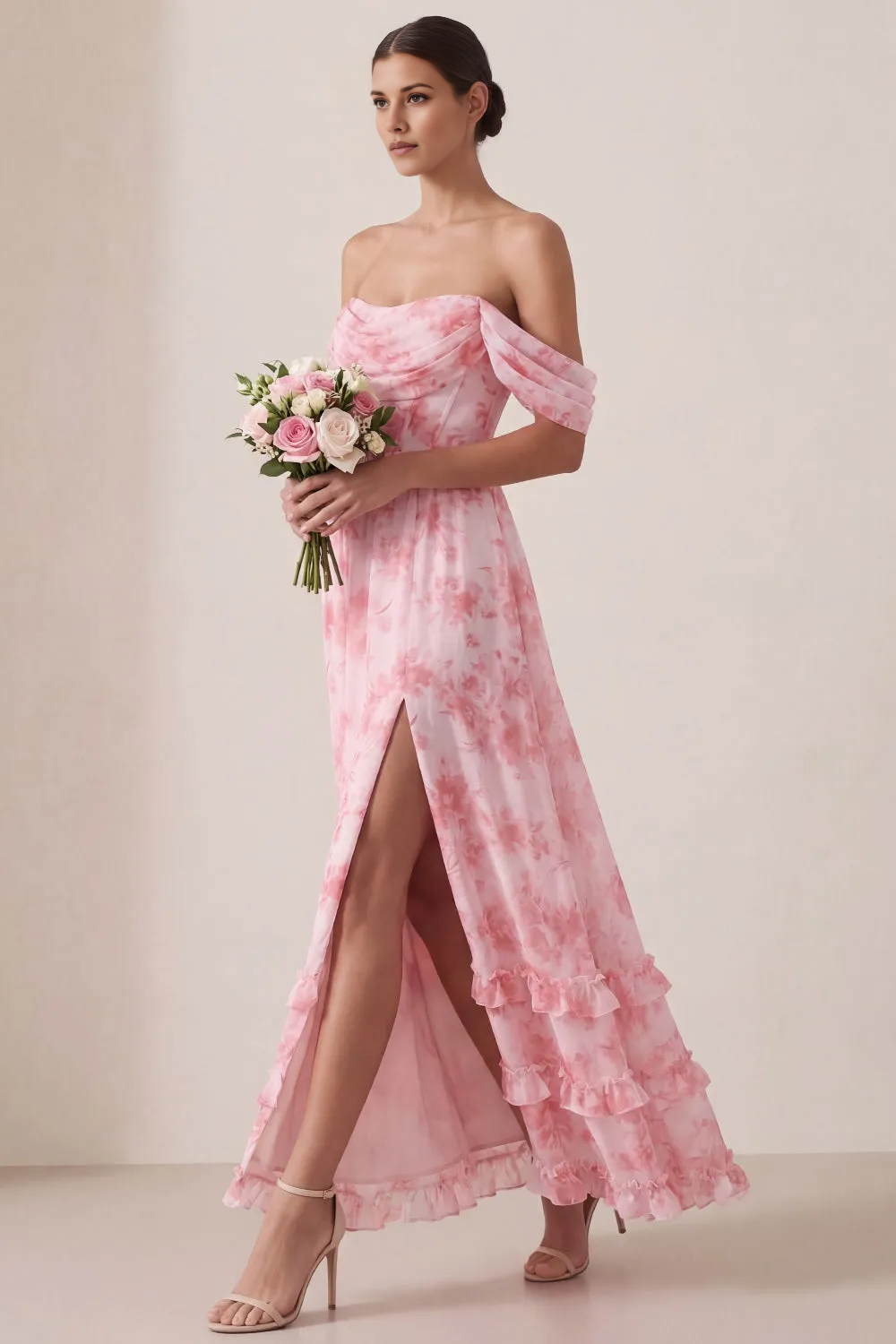 Pink Floral Off-the-Shoulder Corset Chiffon Maxi Dress with Slit & Ruffle Hem
