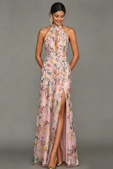 Romantic A-Line Halter Sleeveless Tulle Floral Embroidered Keyhole Formal Evening Dress