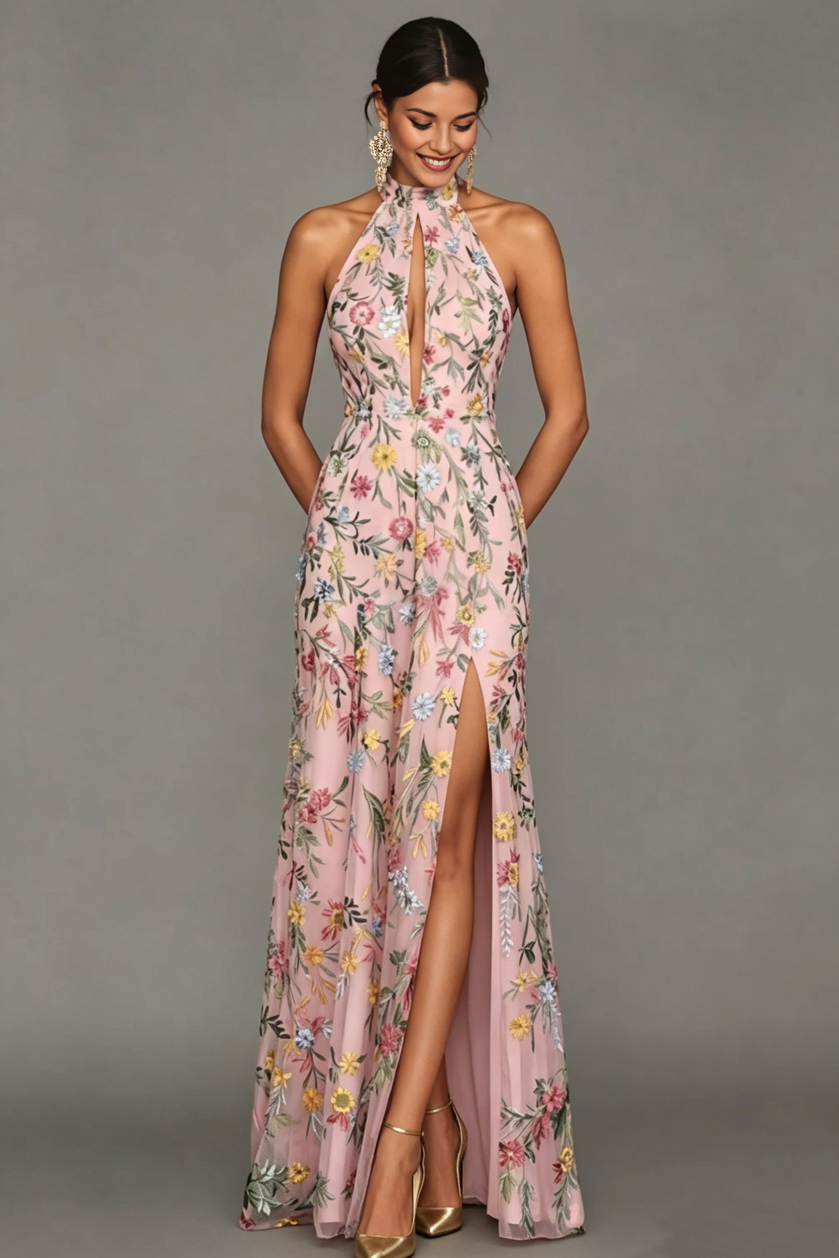 Lavender Floral Embroidered Halter Neck Maxi Dress with Keyhole & Slit
