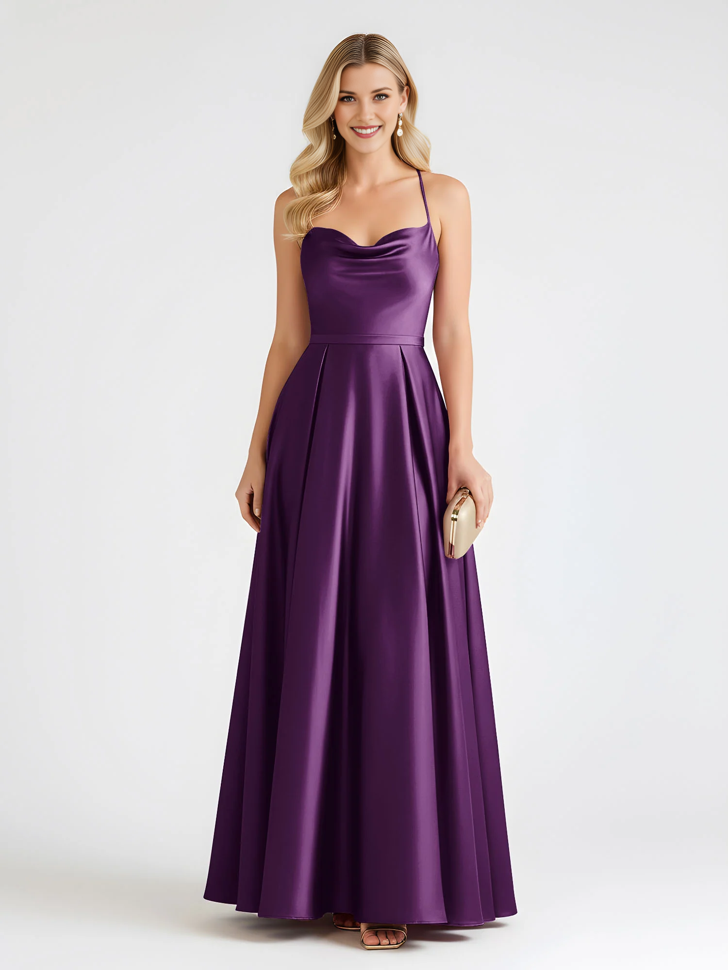 Spaghetti Strap Cowl Neck Satin A-Line Floor-Length Bridesmaid Dress with Crisscross Back
