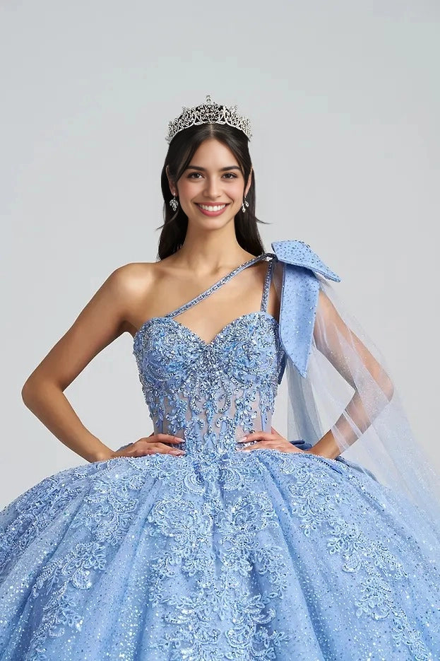 Ball Gown Sweetheart One Shoulder Cape Bow Corset Quinceañera Dress