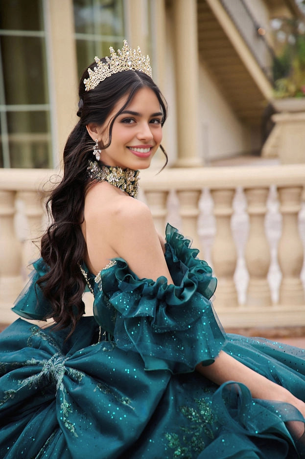 Ball Gown Off Shoulder Ruffle Bow Long Train Quinceañera Dress