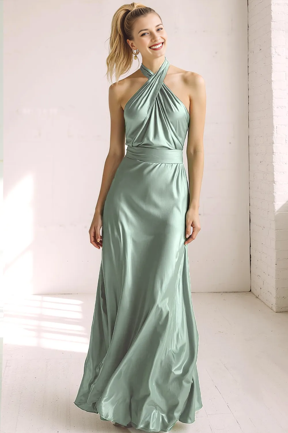Halter Neck Satin A-Line Bridesmaid Dress with Crossed Front