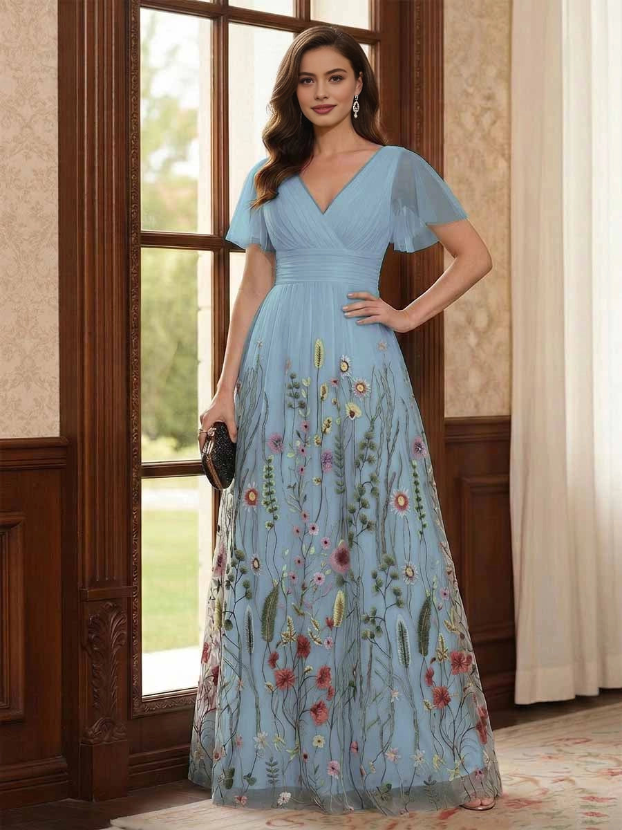 Gorgeous Black A‑Line V‑Neck Flutter‑Sleeve V‑Back Floor‑Length Floral Embroidered Mother Of The Bride Dress