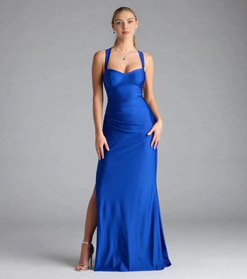 Vedress royal blue sweetheart spaghetti strap long prom dress criss cross back high slit satin evening gown