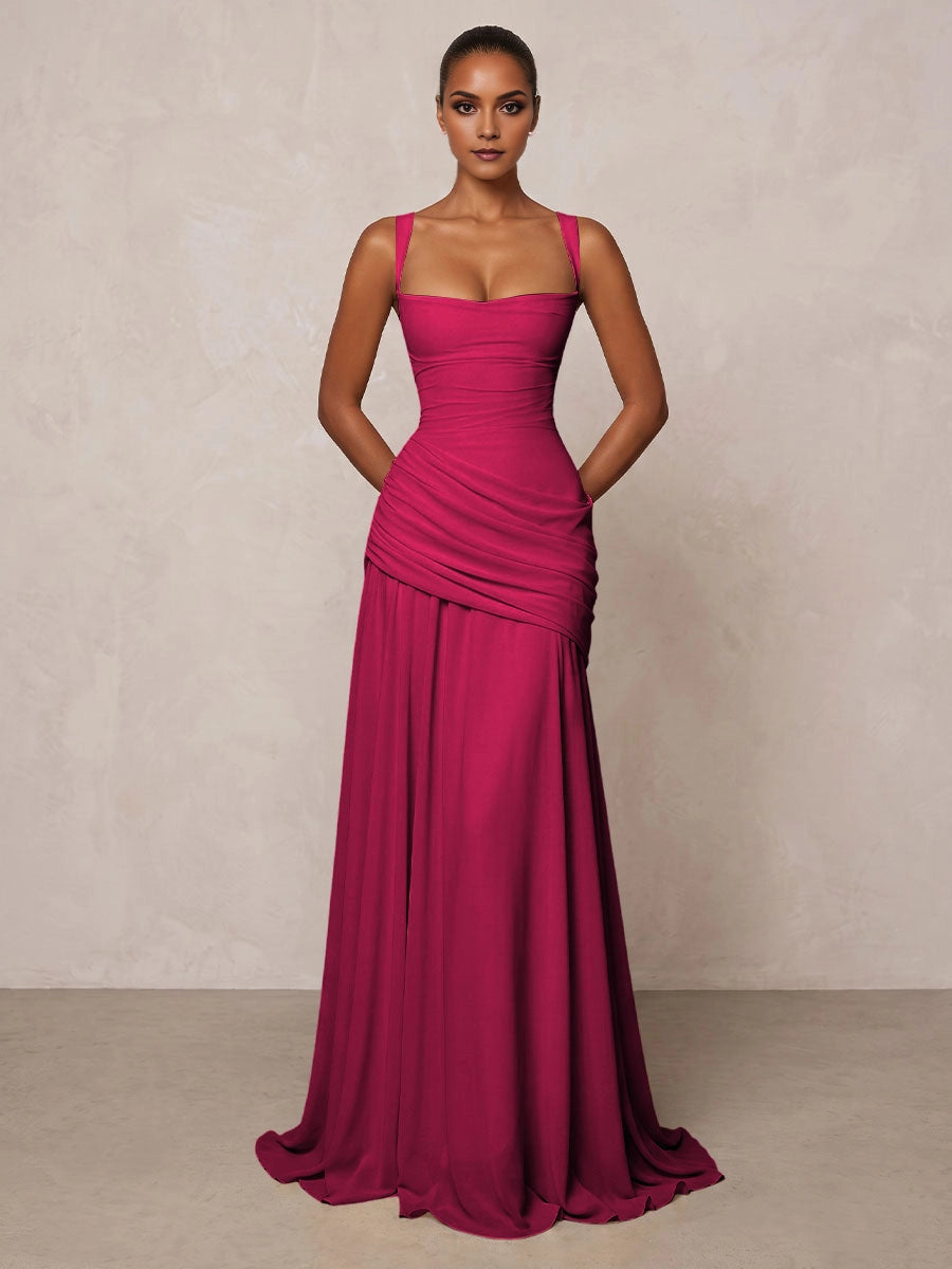 Graceful A‑Line Square‑Neck Sleeveless Crisscross‑Back Floor‑Length Bridesmaid Prom Dress