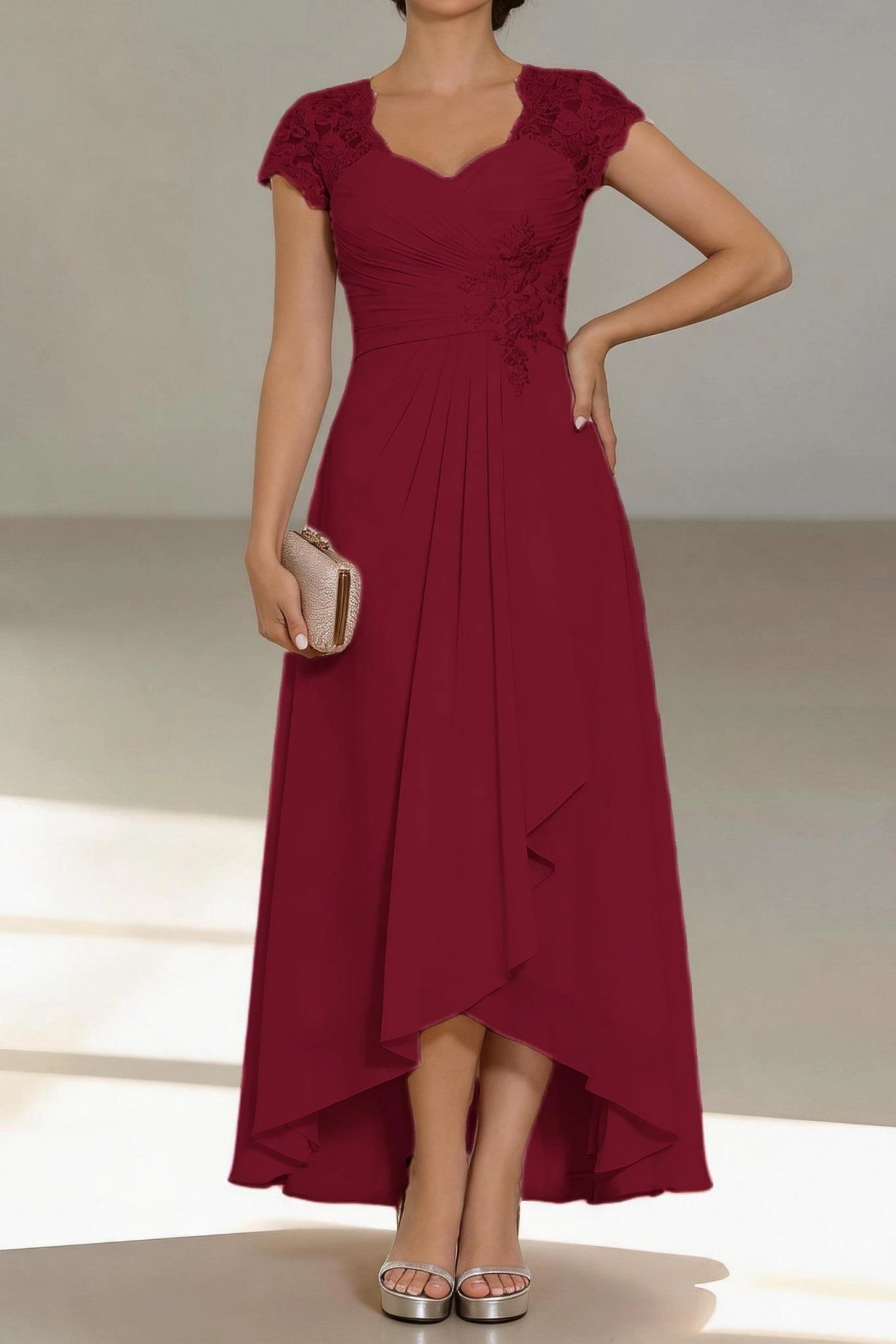 Romantic A-Line Sweetheart Cap Sleeve Zip Back High Low Mother Of The Bride Dress