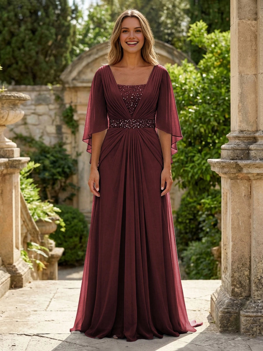 Soft Sky-Blue A-Line Square-Neck Flutter-Sleeve V-Back Floor-Length Wedding Guest Dress