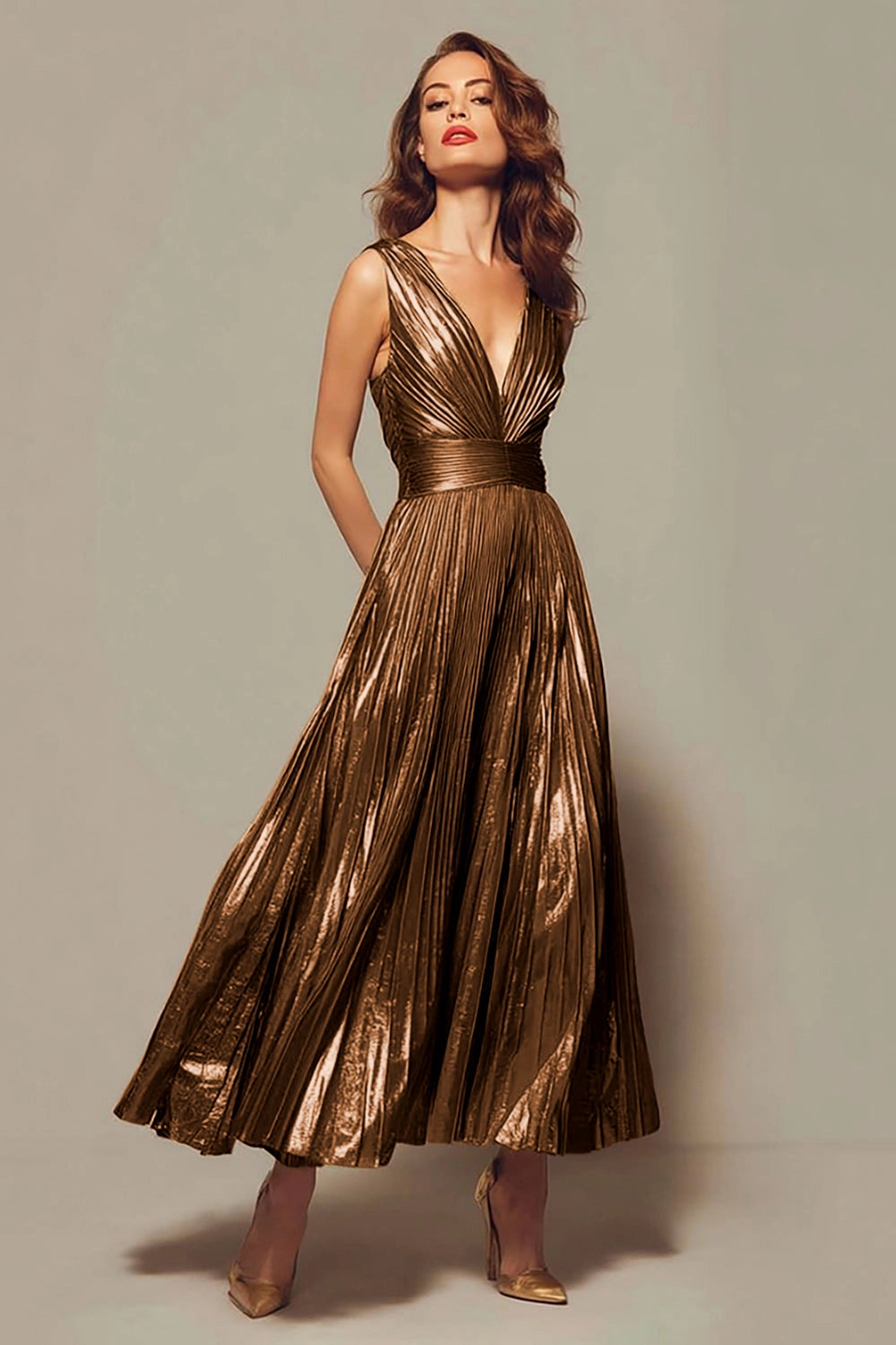Elegant A‑Line V‑Neck Sleeveless V‑Back Floor‑Length Bridesmaid Prom Dress
